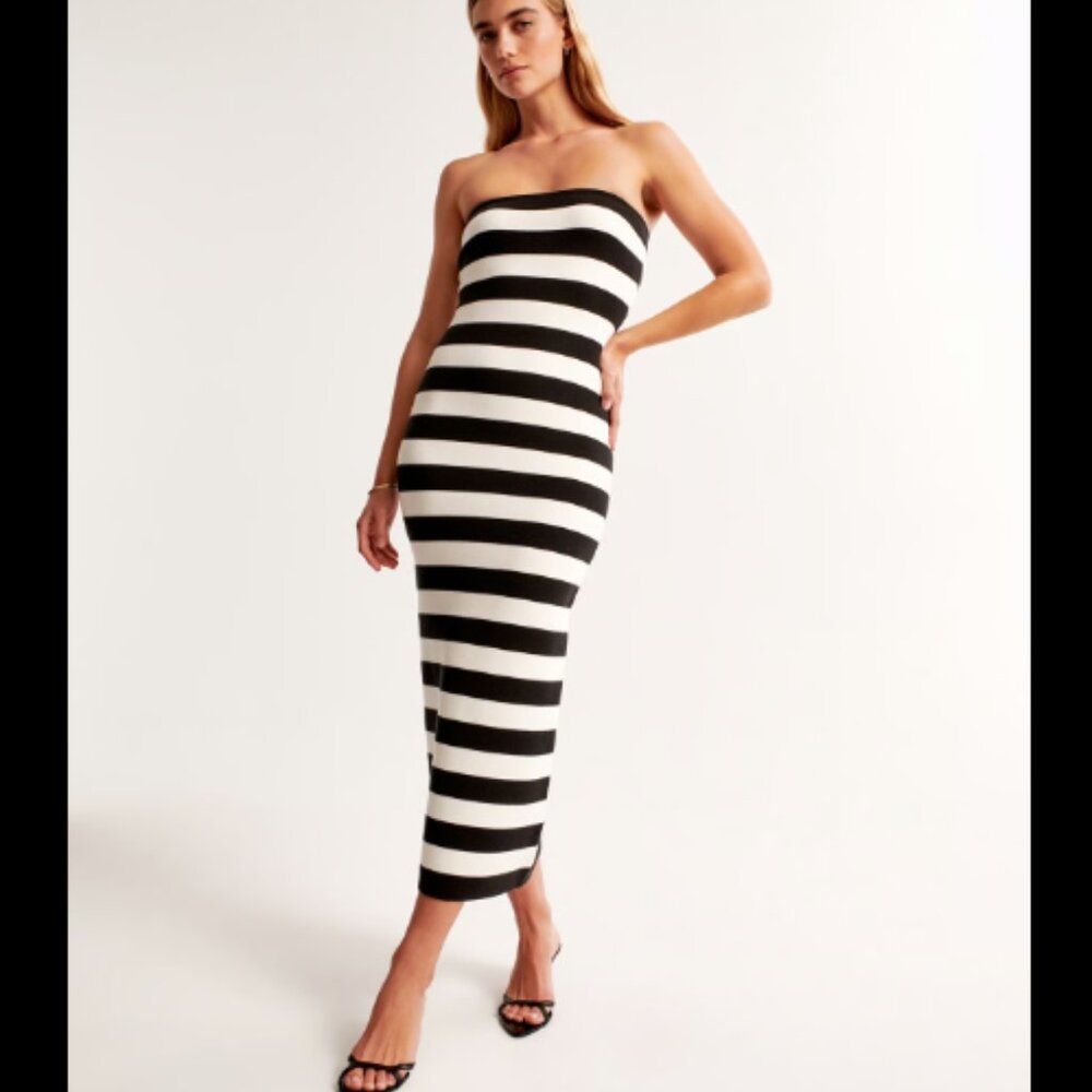 ABERCROMBIE & FITCH A&F STRIPED MIDI BLACK STRAPLESS SWEATER DRESS NWOT $100 L